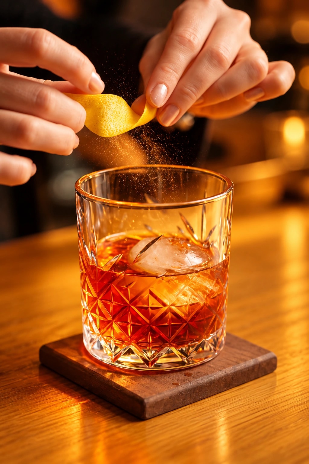 Golden old fashioned cocktail with citrus oils at Barrel Bar Alanya