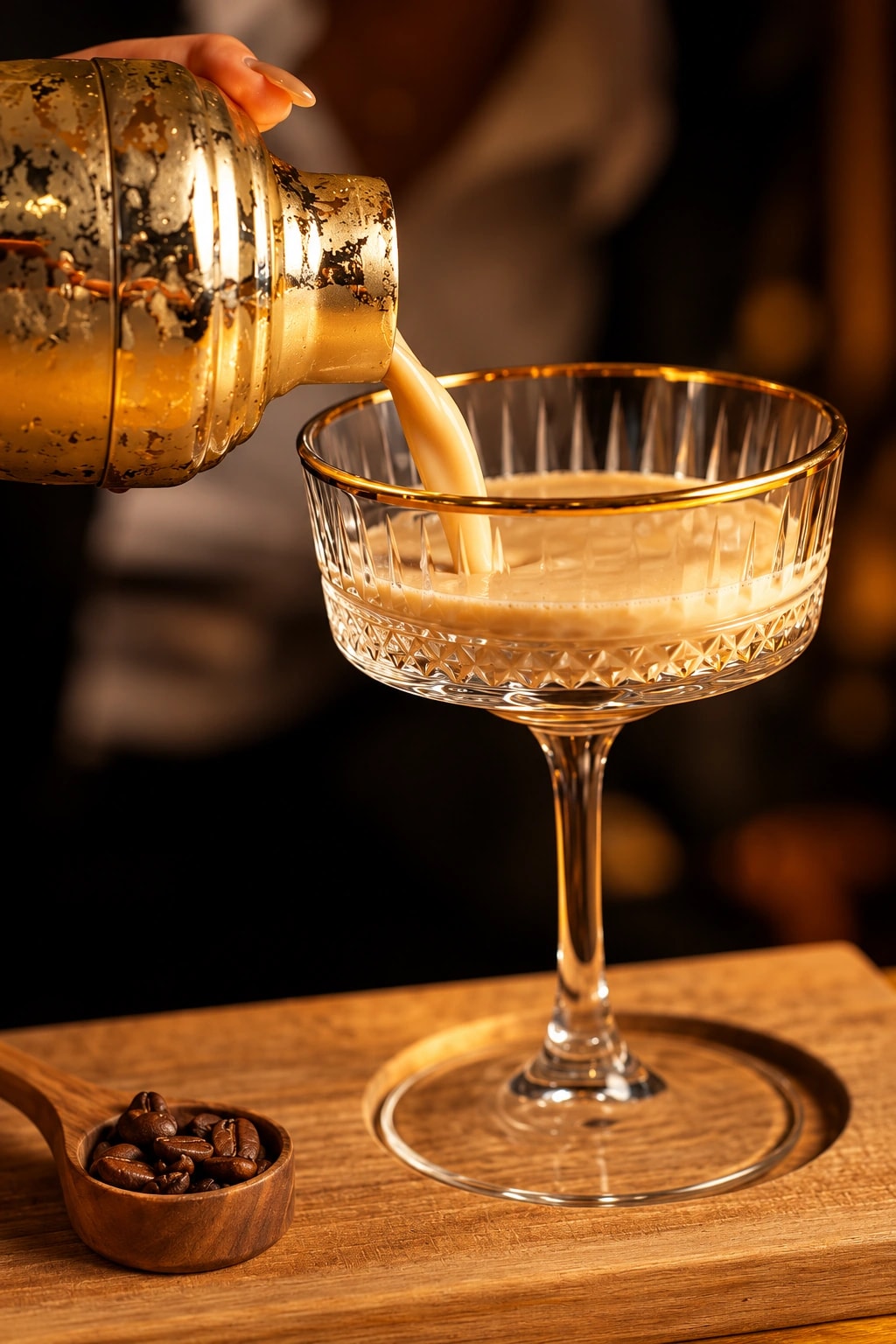 Creamy cocktail poured into a crystal coupe glass at Barrel Bar Alanya
