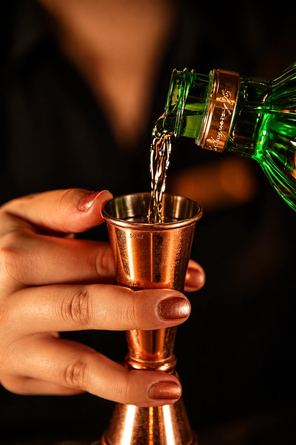 A bartender measuring spirits into a copper jigger at Barrel Bar Alanya