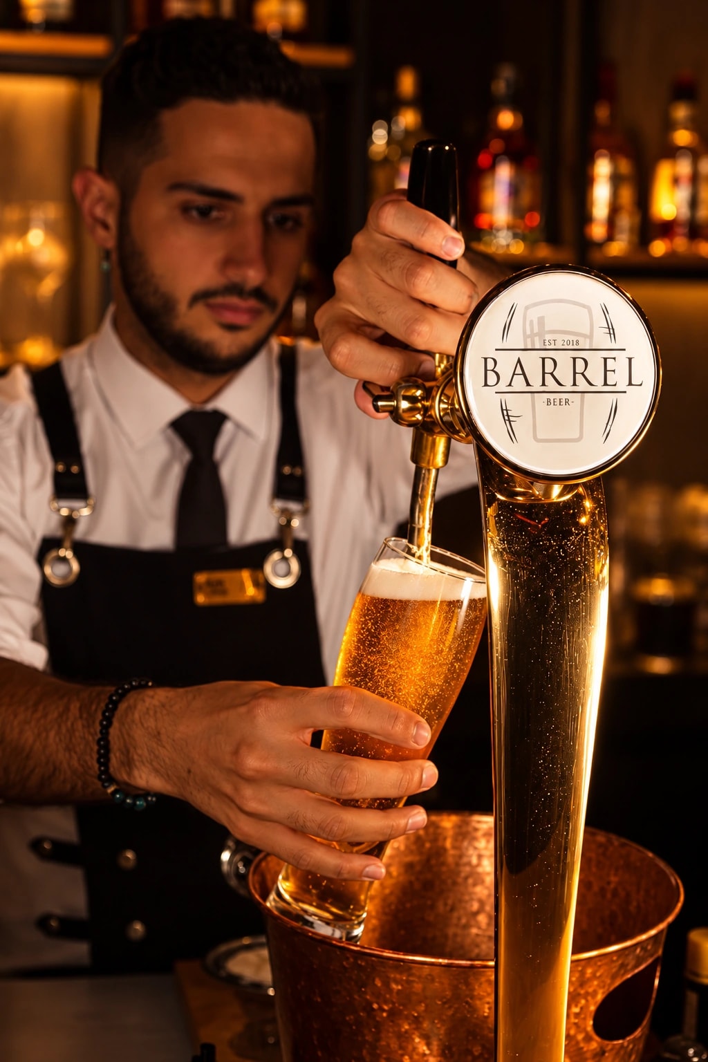 Bartender pouring fresh draft beer at a Barrel Bar tap in Alanya
