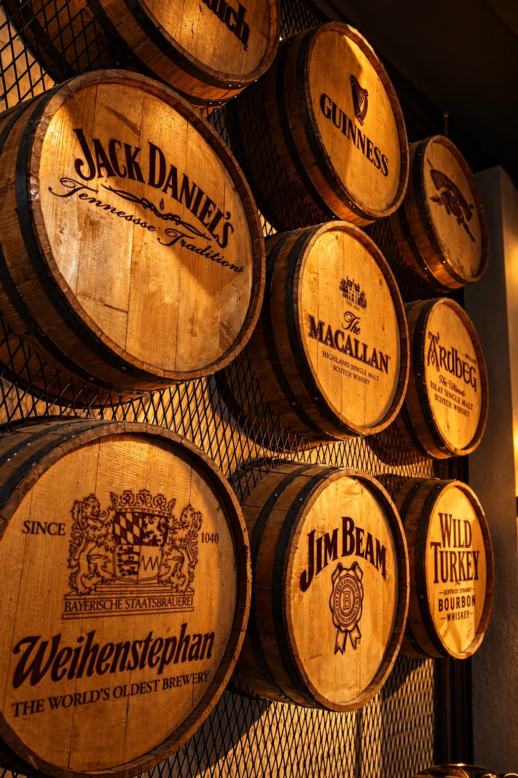 Branded whisky and beer barrel details on the Barrel Bar Alanya wall